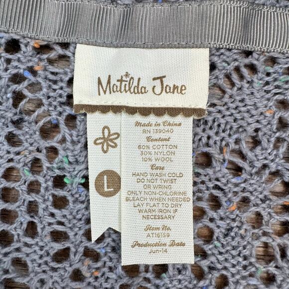Matilda Jane gray open-knit cardigan sweater Pixie Dust Secret Fields Size LARGE - Picture 5 of 7